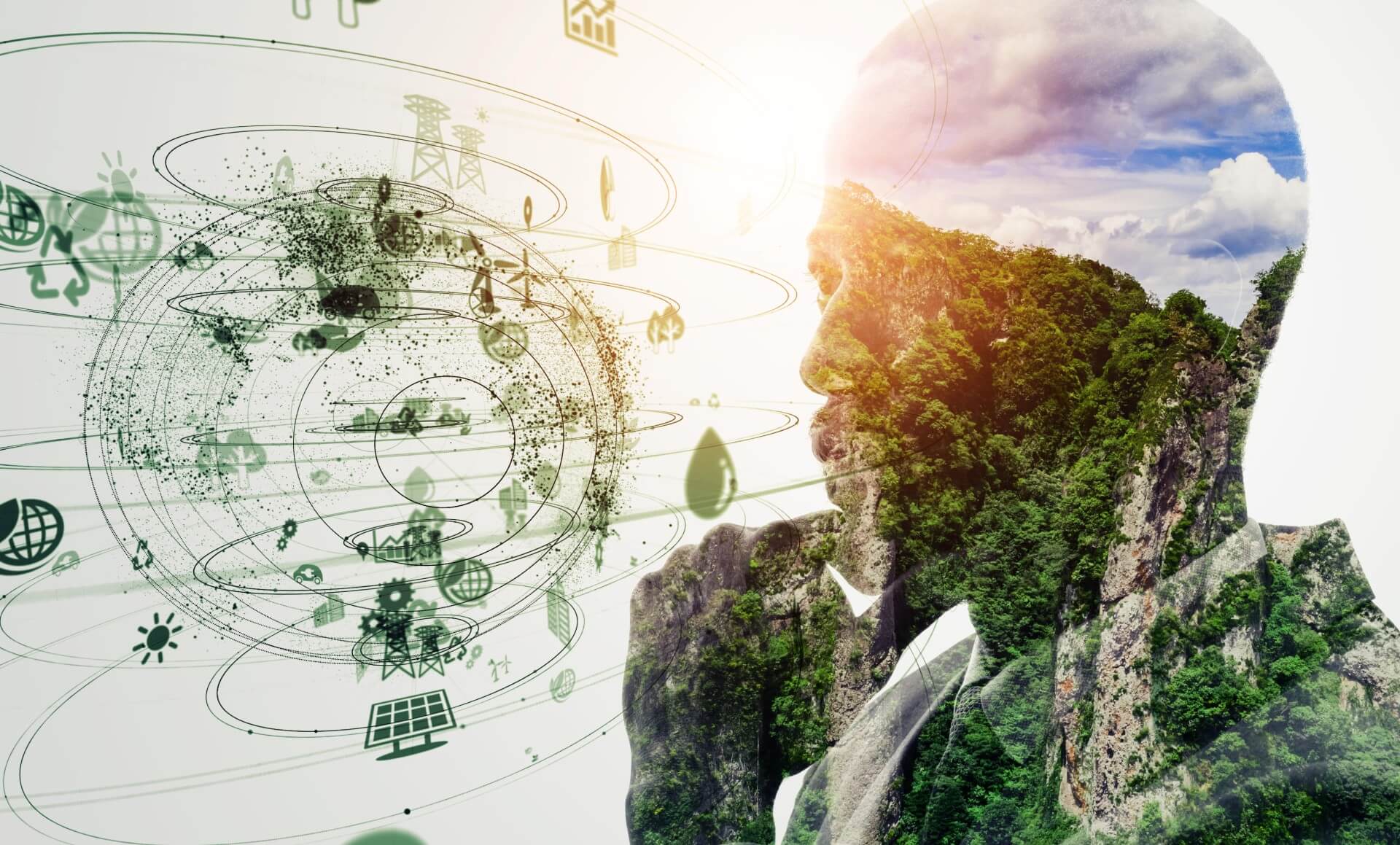 A person’s silhouette blended with nature and eco icons